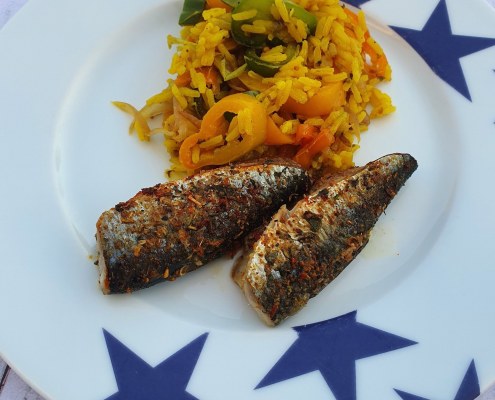 Sardines au cumin, riz aux poivrons