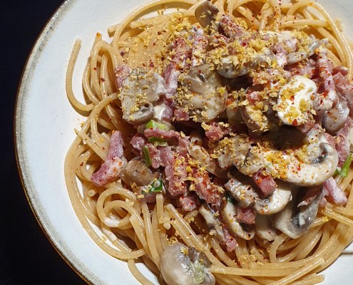 Spaghetti au bacon et aux champignons