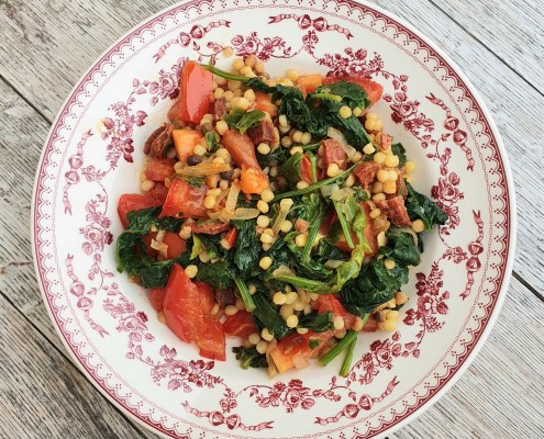 Fregola Sarda tomates, épinards et chorizo