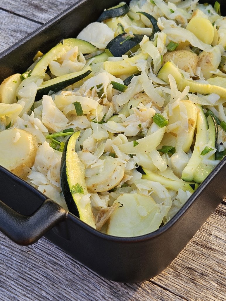 Morue aux pommes de terres, courgettes et citron