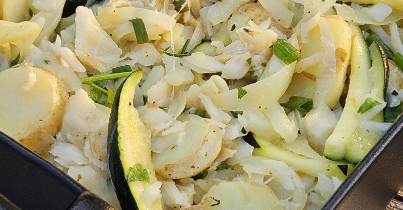 Morue aux pommes de terres, courgettes et citron